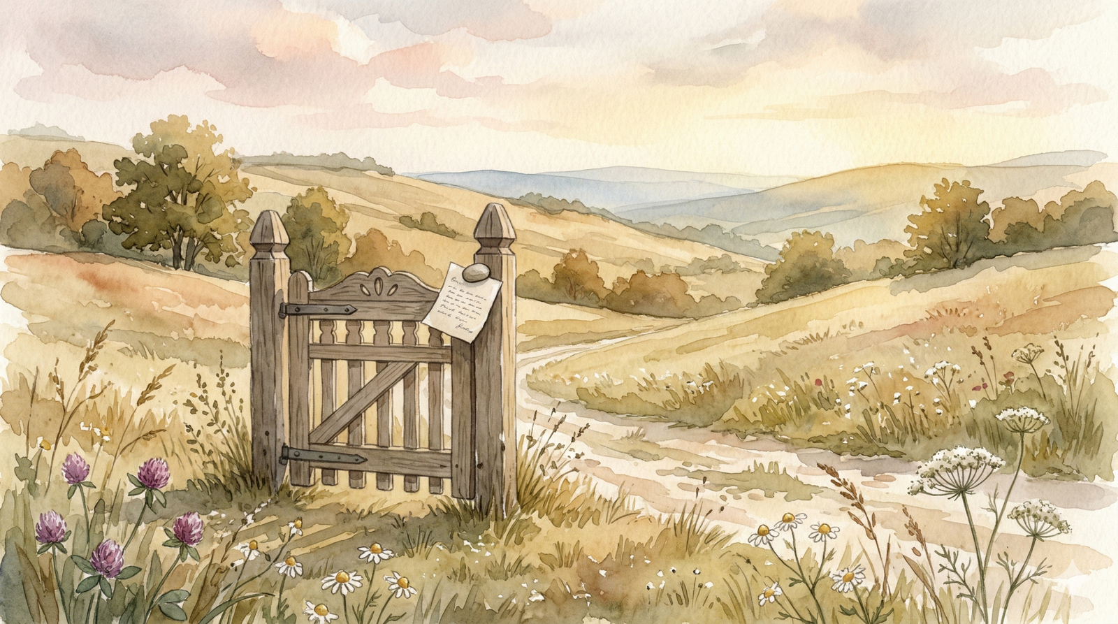 dor meaning - Romanian countryside wooden gate opening onto winding road through rolling hills