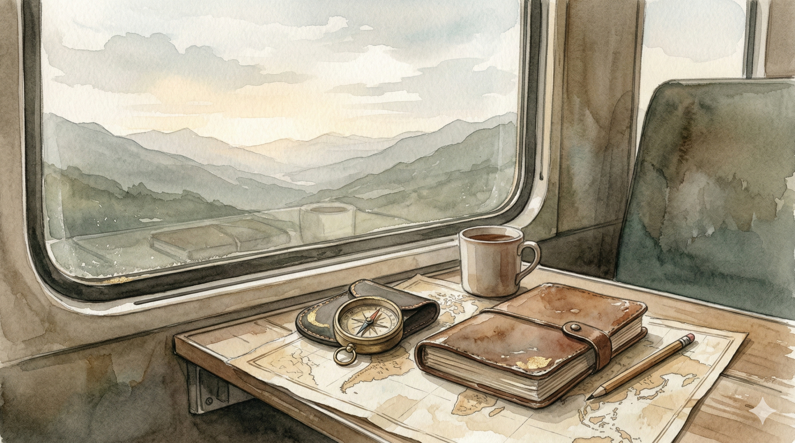 fernweh meaning - vintage compass and leather journal on old world map with distant mountains