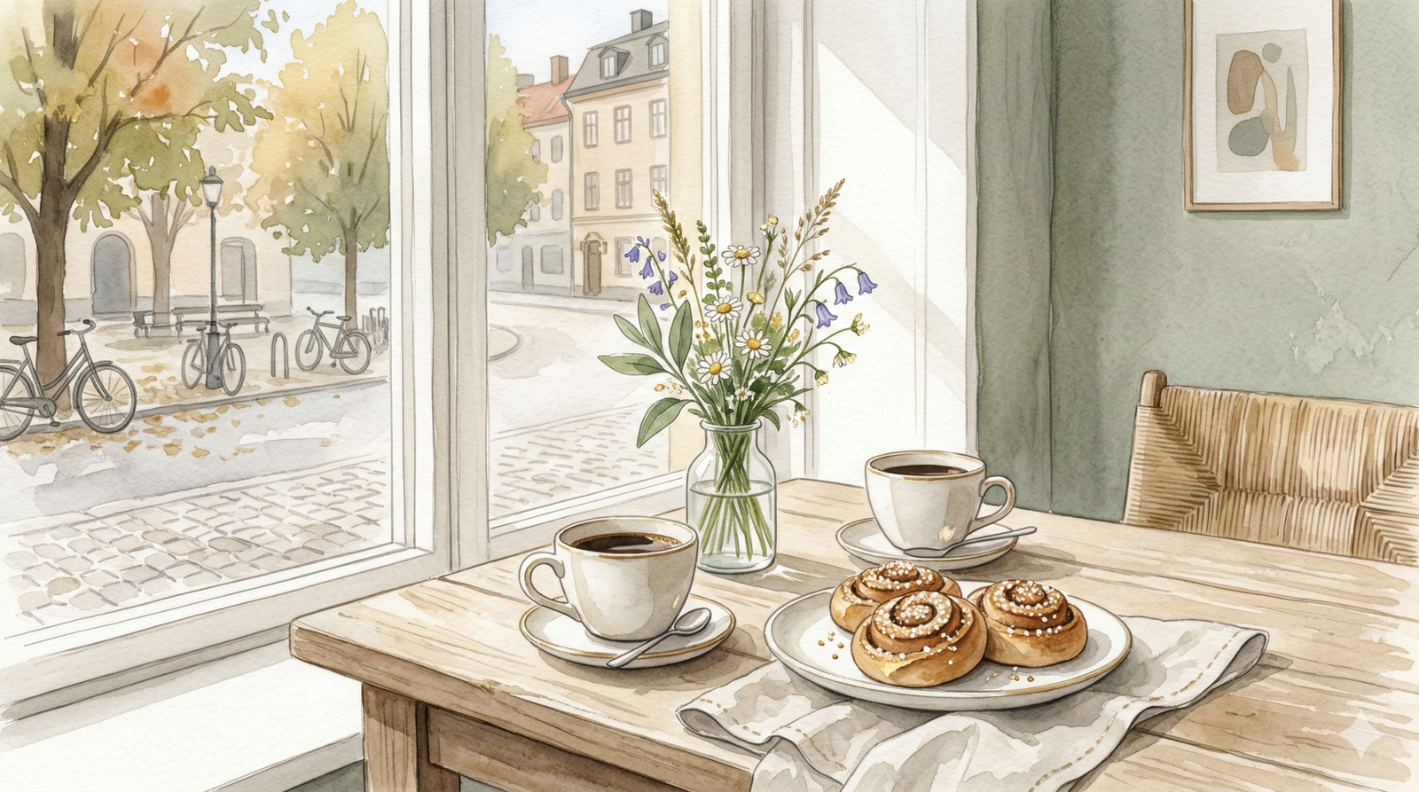 fika meaning - Swedish cafe table with coffee cups cinnamon buns and wildflowers