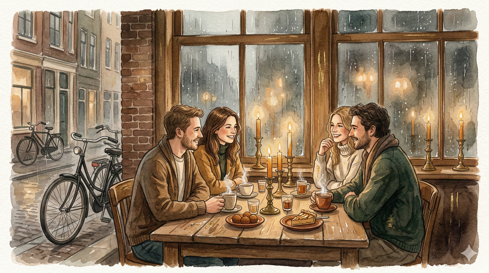 gezellig meaning - warm Dutch cafe interior with friends gathered around candlelit table