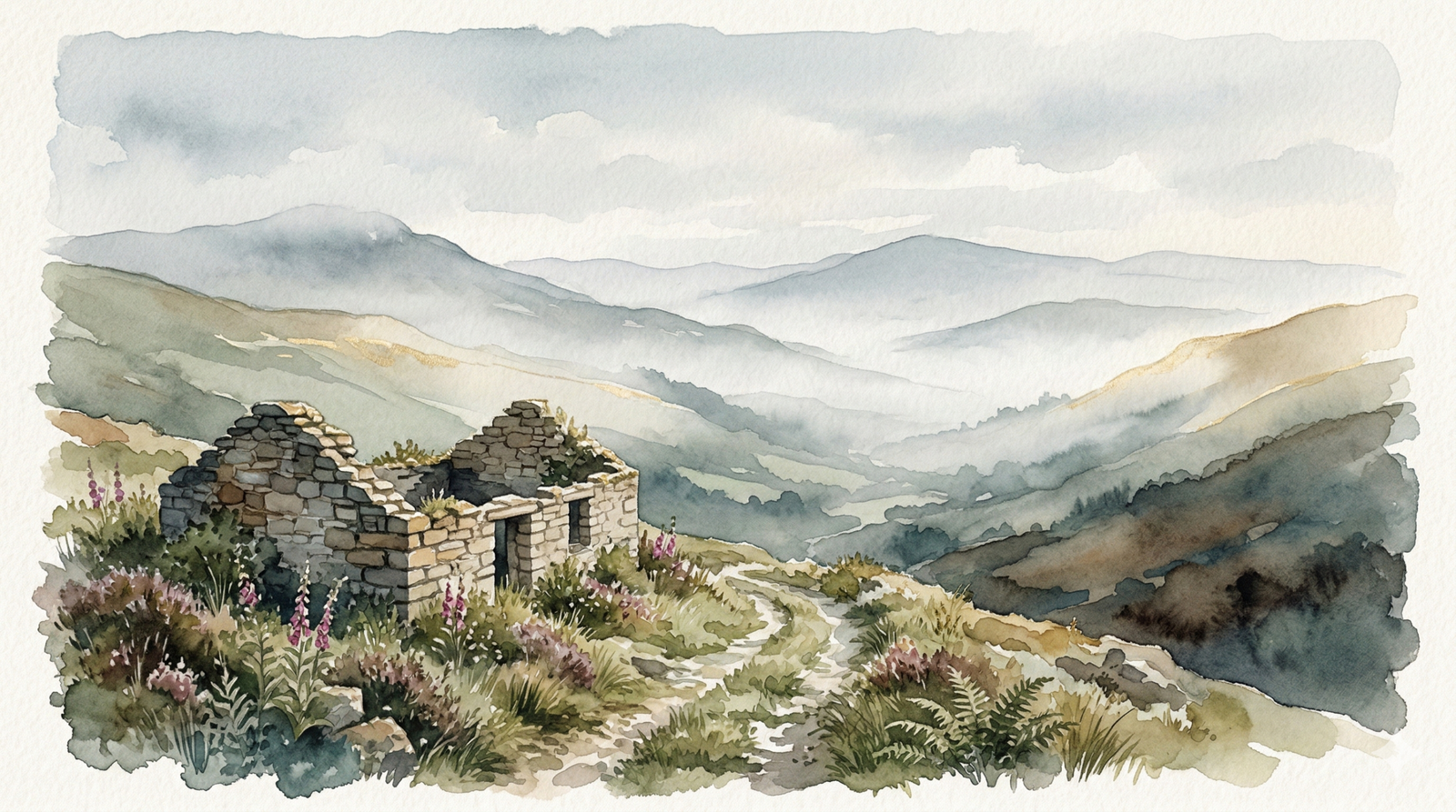 hiraeth meaning - misty Welsh valley with ancient stone ruins overgrown with wildflowers