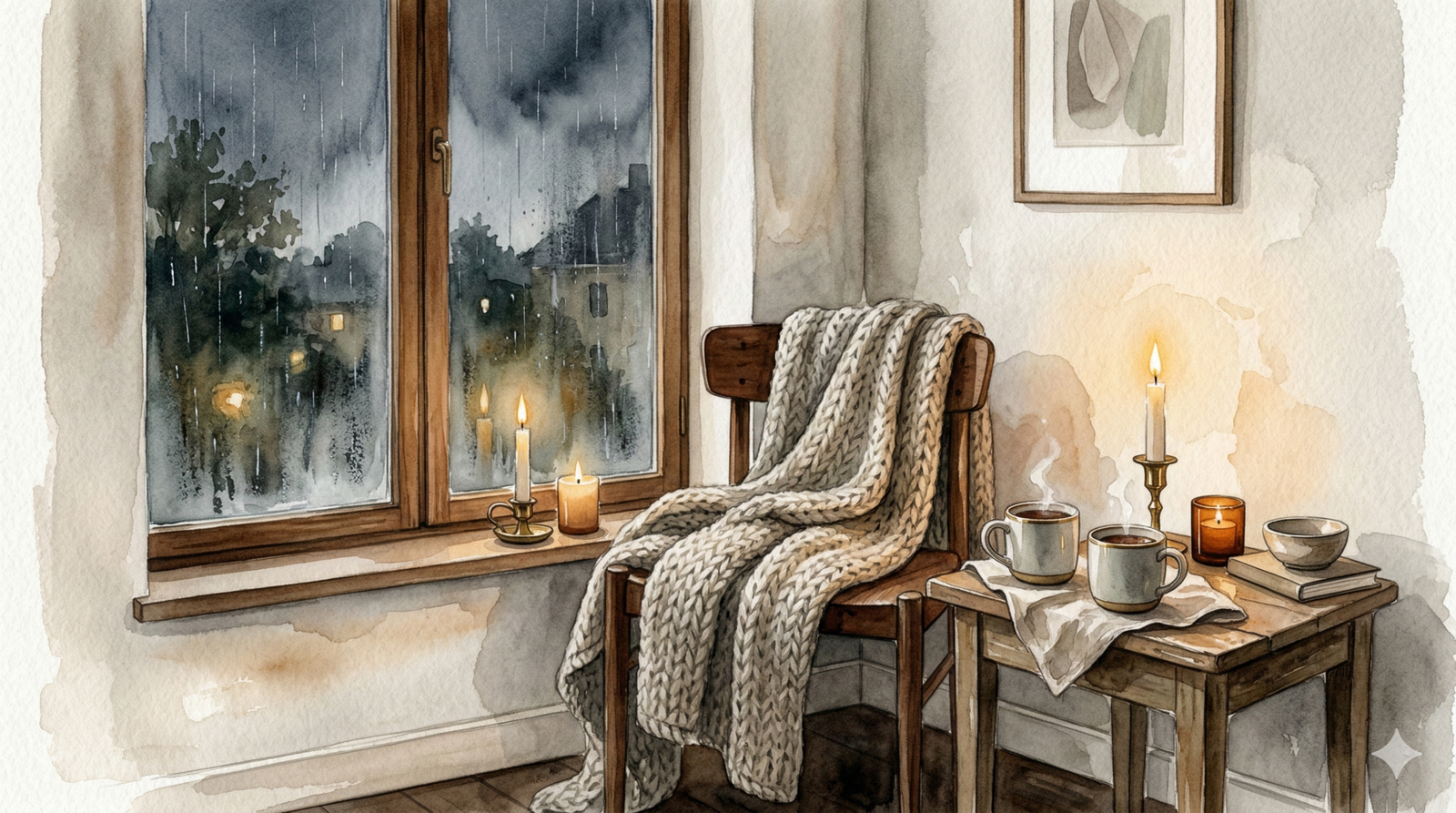 hygge meaning - cozy candlelit Danish interior with warm blankets and steaming cocoa