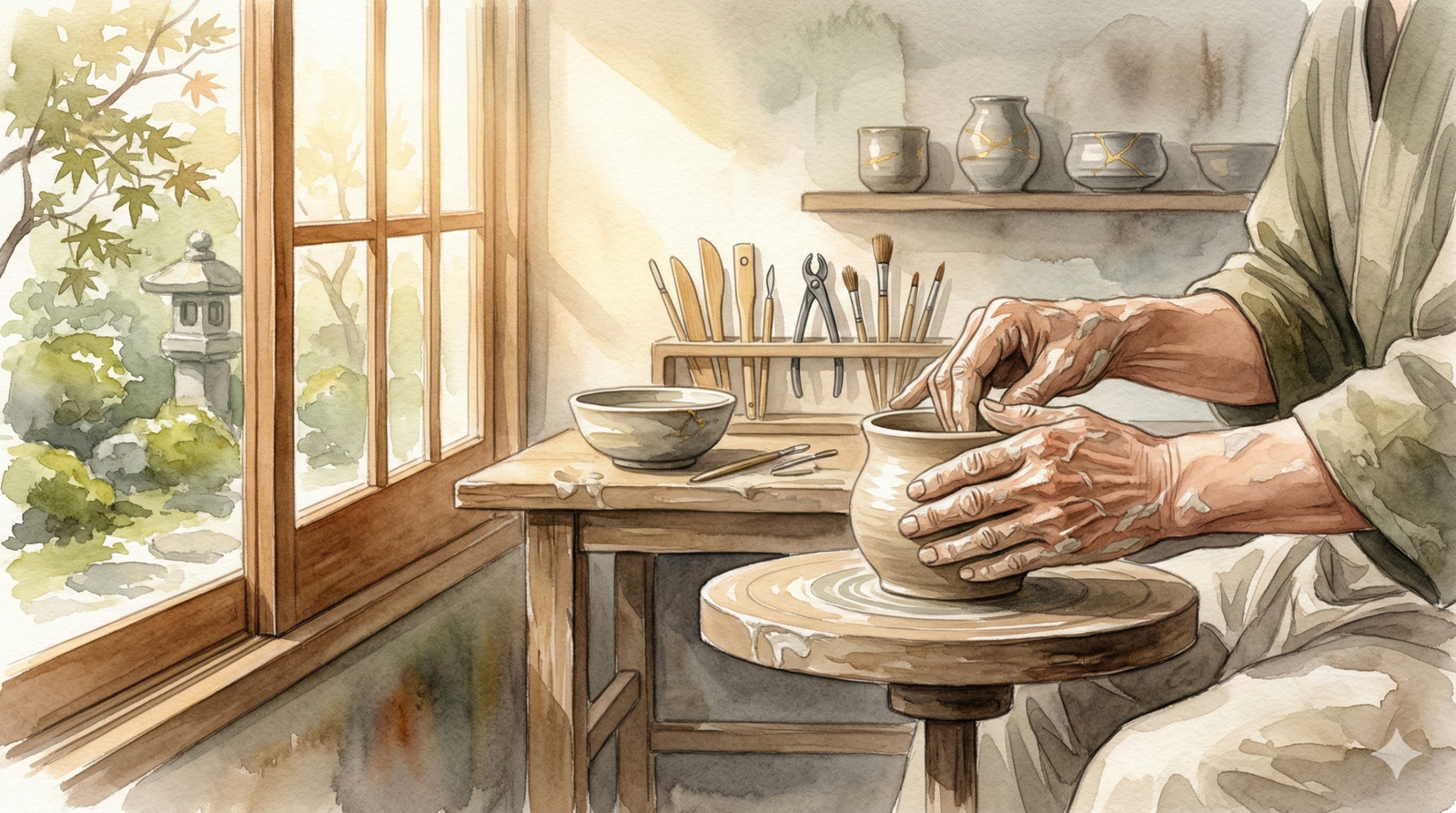 ikigai meaning - elderly Japanese artisan shaping clay on potter wheel in morning light