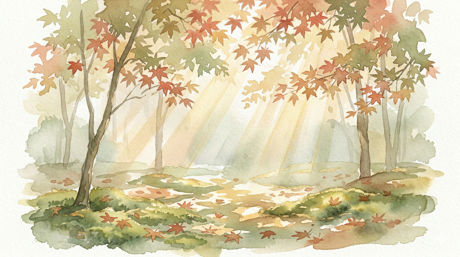 komorebi meaning - sunlight filtering through Japanese maple leaves onto mossy forest floor