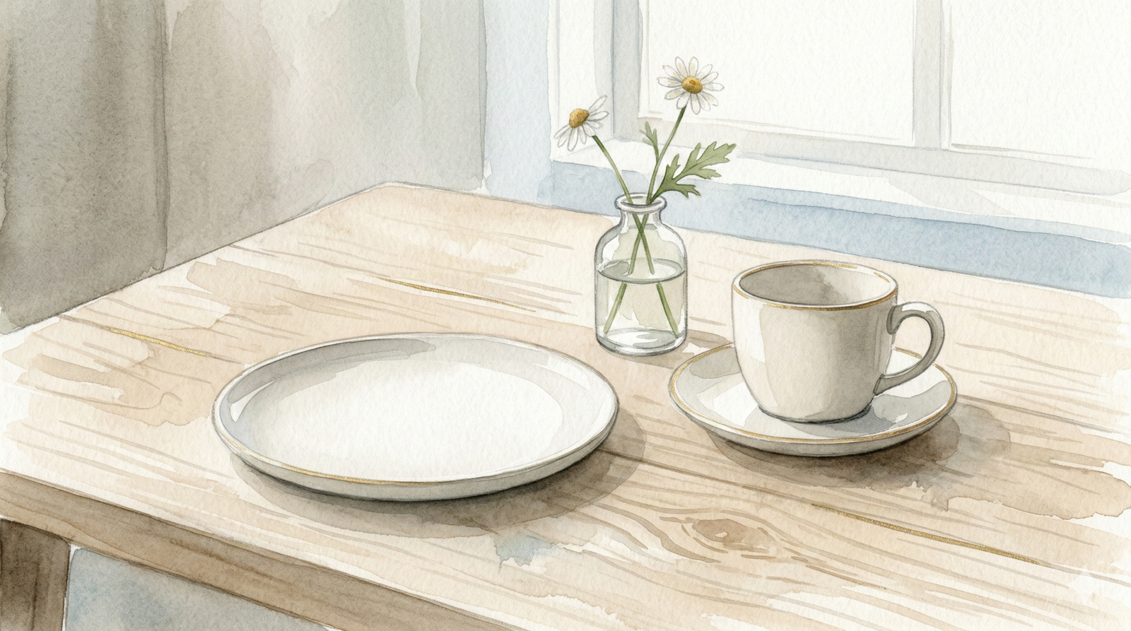 lagom meaning - perfectly balanced Scandinavian table setting with single wildflower