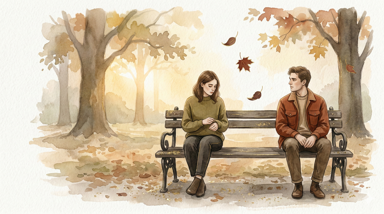 mamihlapinatapai meaning - two people on park bench turned toward each other with autumn leaves falling