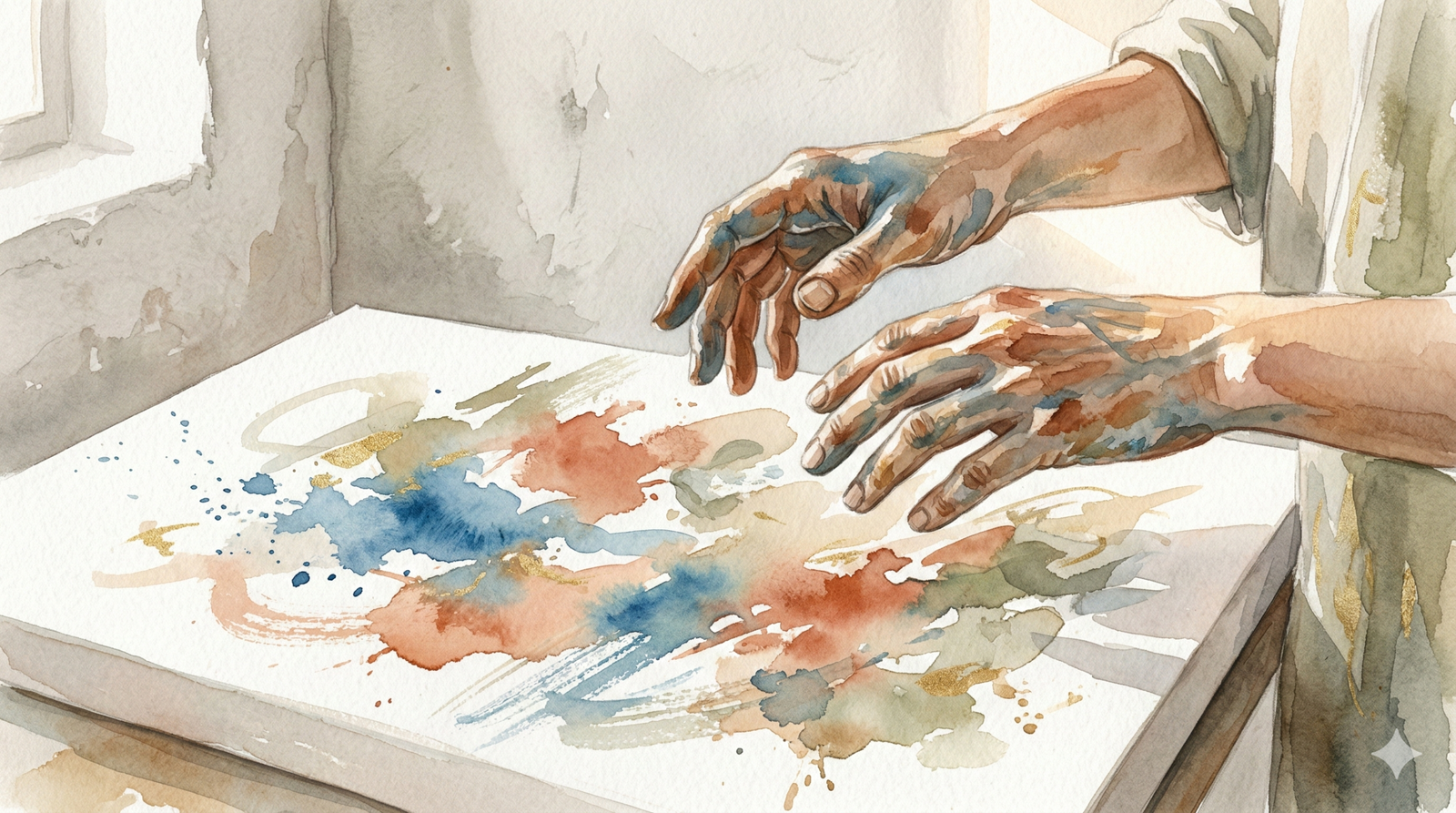 meraki meaning - artist paint-covered hands over vibrant canvas in Greek studio