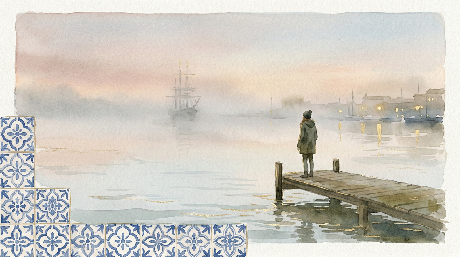 saudade meaning - lone figure at misty harbor watching ship disappear into fog