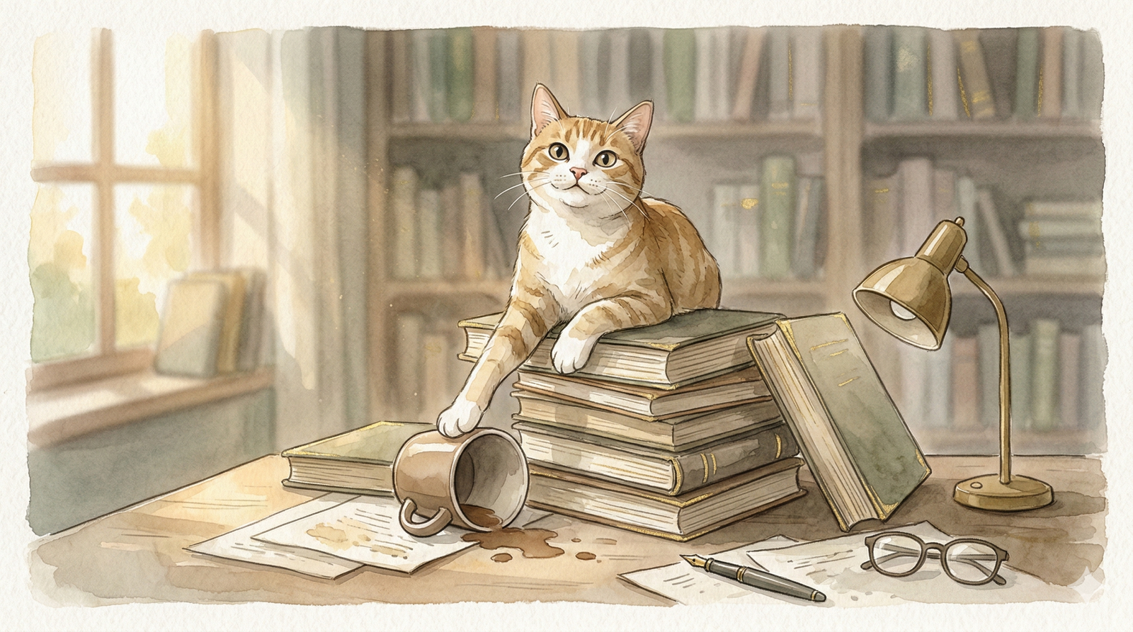 schadenfreude meaning - mischievous cat sitting atop toppled stack of books on desk