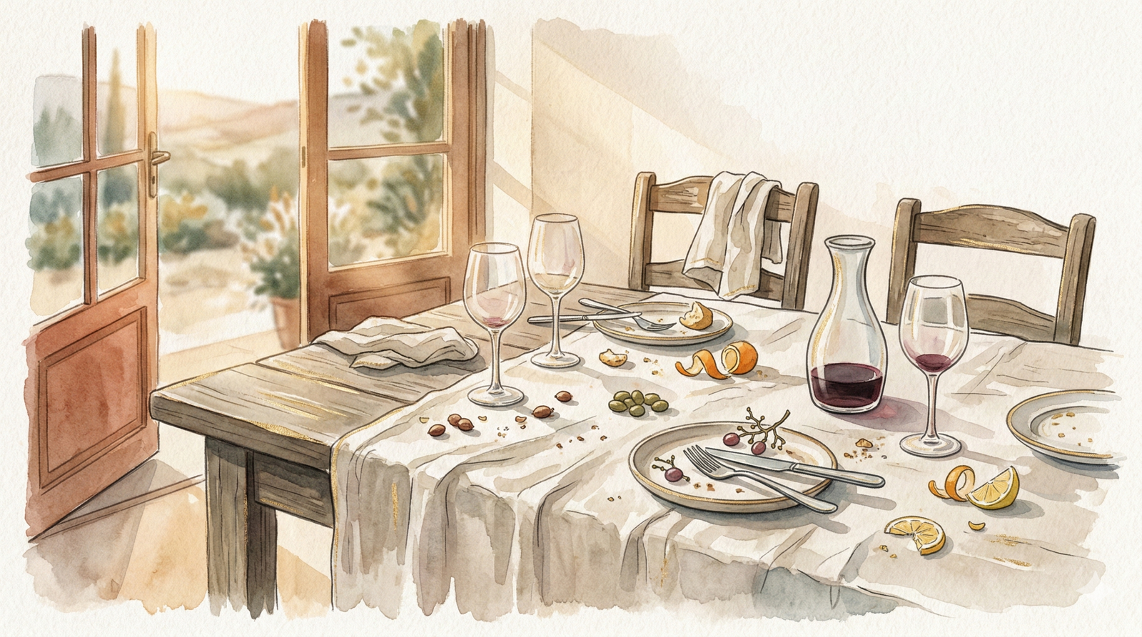 sobremesa meaning - Spanish table after long meal with empty wine glasses in afternoon light