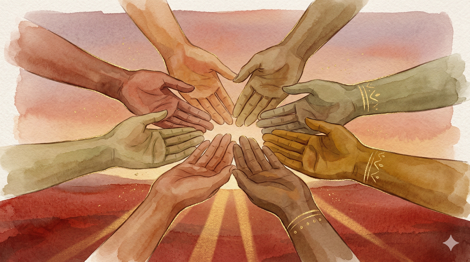 ubuntu meaning - circle of diverse hands reaching together in warm African sunset light