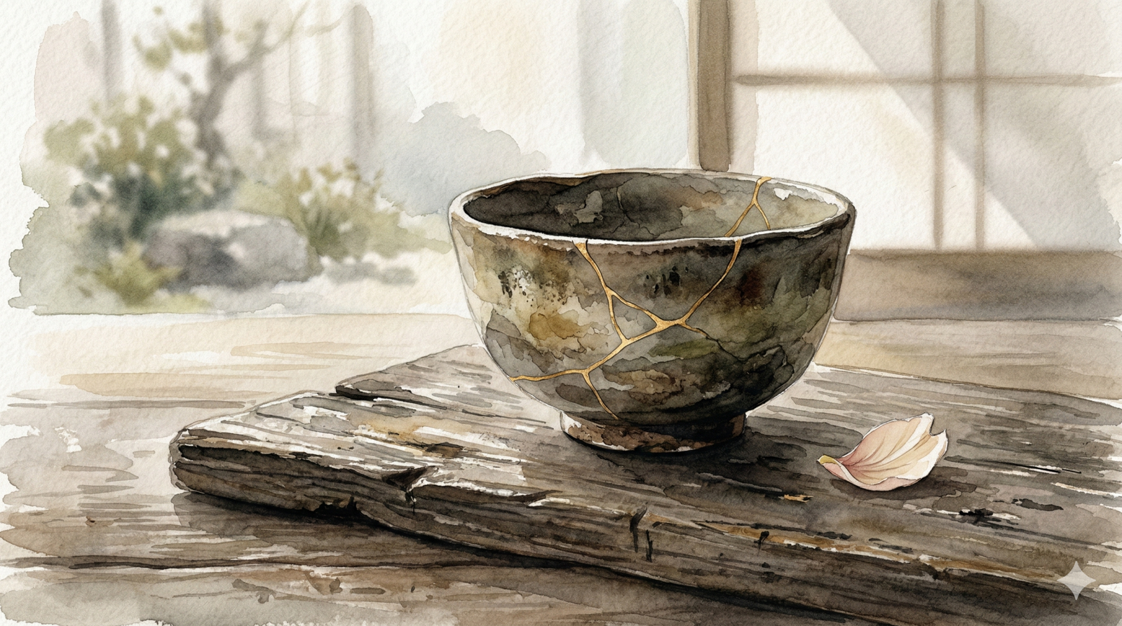 wabi-sabi meaning - cracked ceramic bowl with gold kintsugi repair on weathered wood