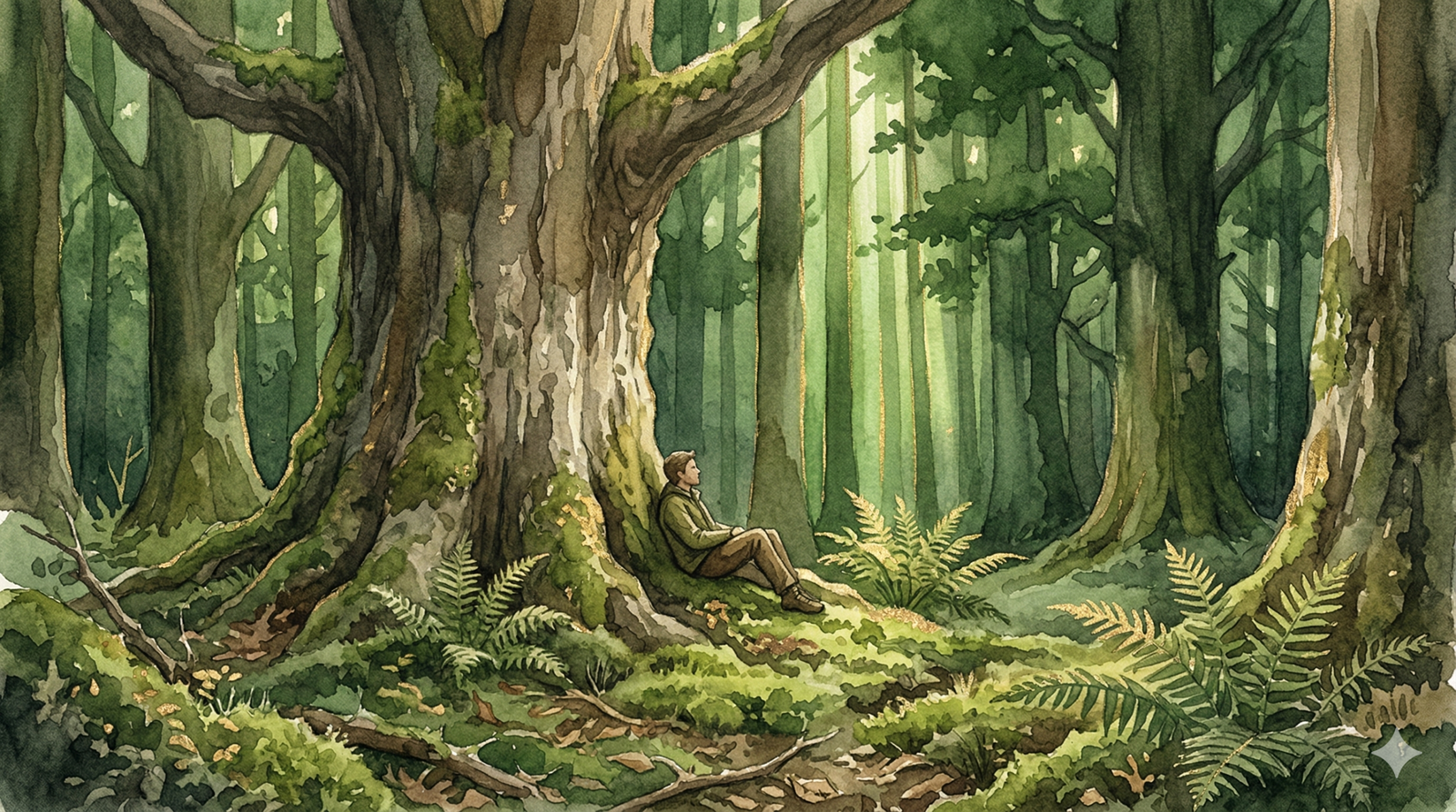 waldeinsamkeit meaning - solitary person at base of ancient tree in dense German forest