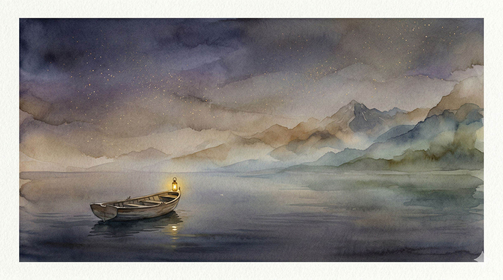 yugen meaning - small wooden boat drifting on still lake at twilight with lantern glowing