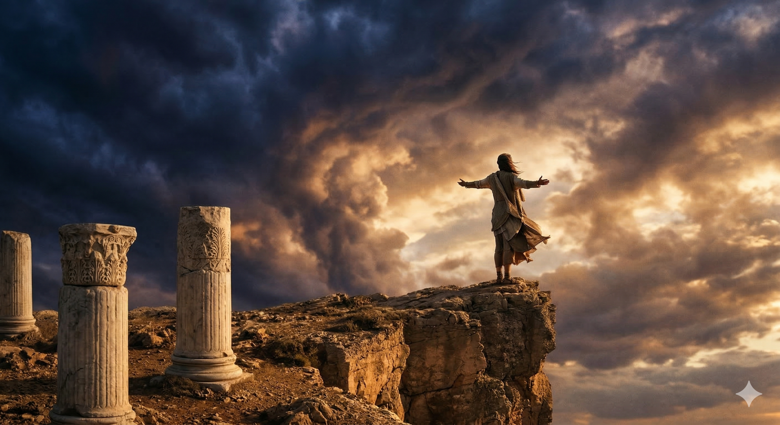 Amor fati meaning — a figure embracing fate with open arms at golden hour with ancient Stoic columns and dramatic sky symbolizing the love of fate