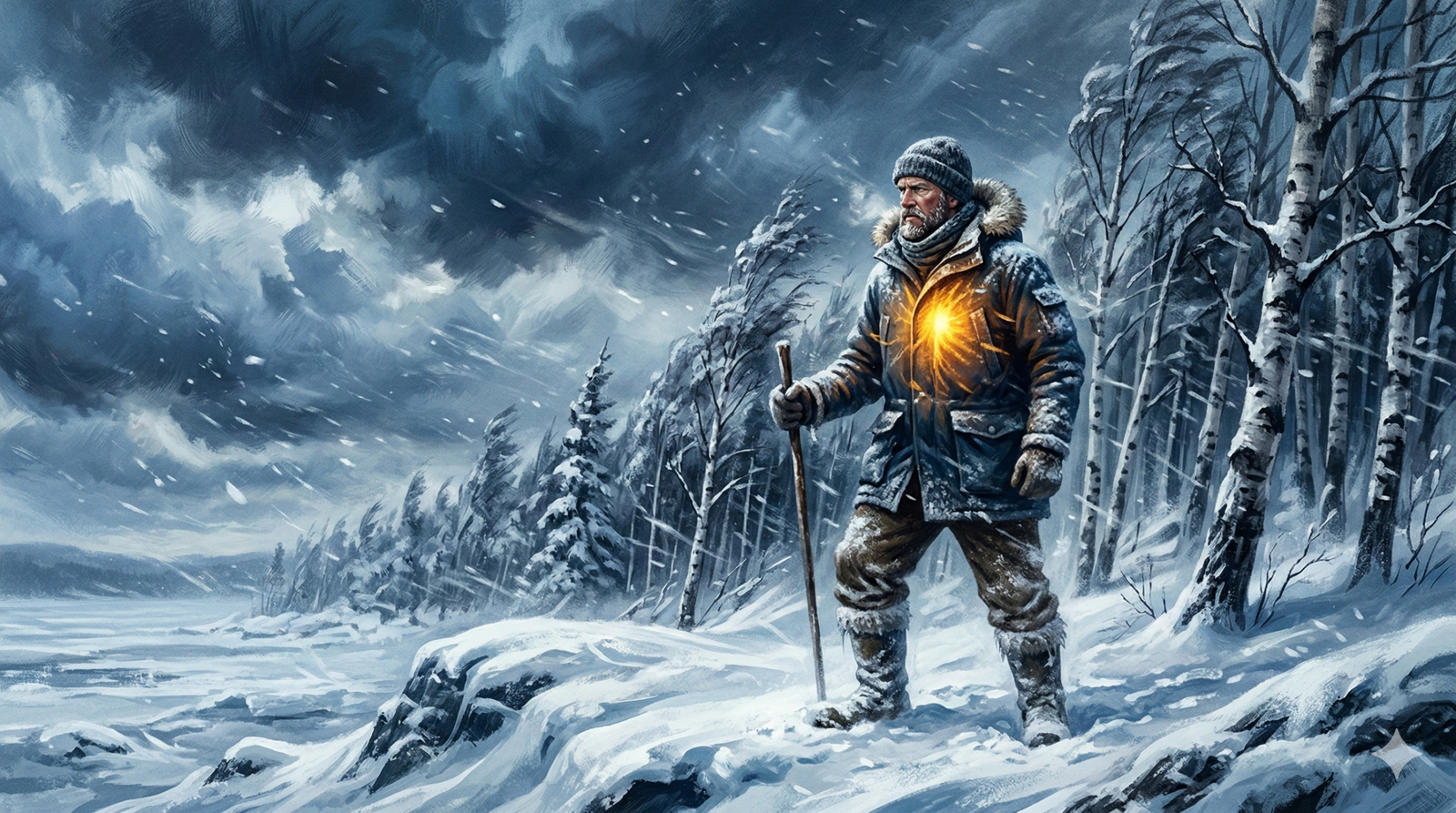 sisu meaning - lone figure standing resolute in Finnish winter storm with golden inner light and birch trees