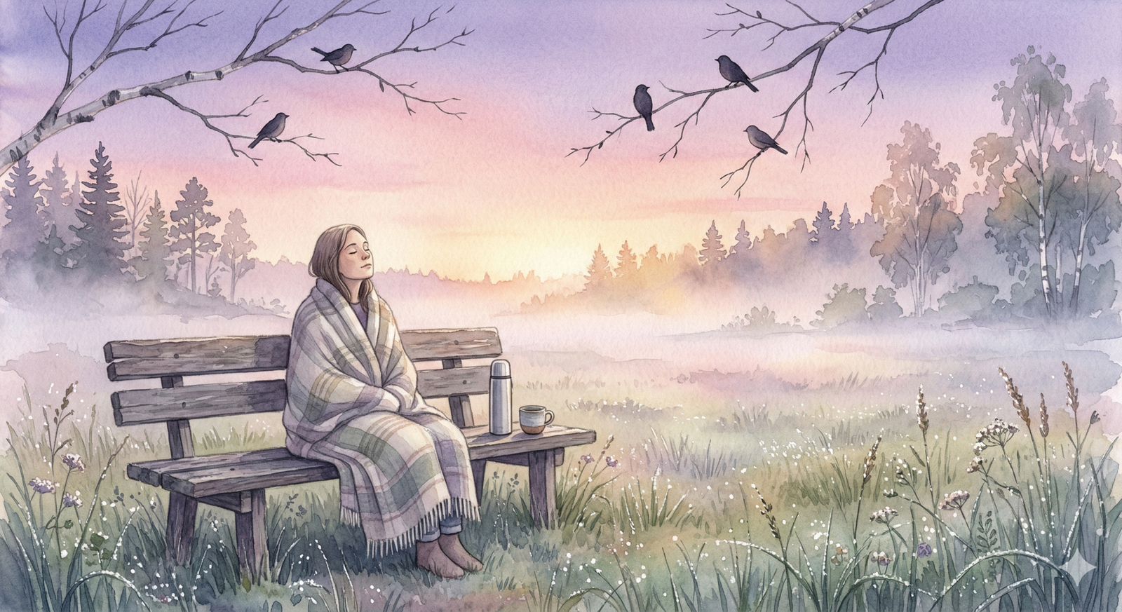 gokotta meaning - figure sitting at dawn in misty Swedish meadow listening to birdsong in soft watercolor Scandinavian pastels