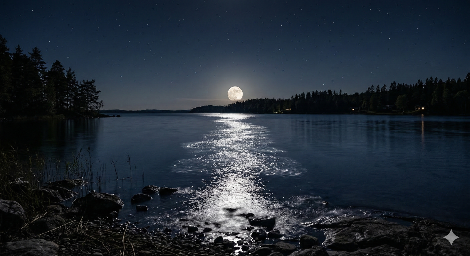 Mångata meaning — the shimmering path of moonlight reflected across calm Swedish water at night