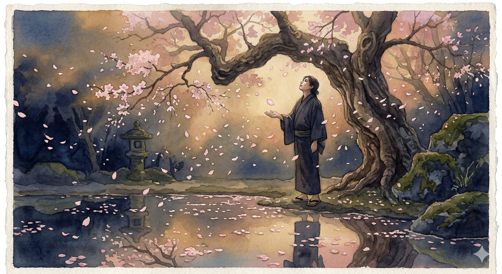 mono no aware meaning - solitary figure beneath cherry blossom tree watching sakura petals fall at twilight in Japanese watercolor style