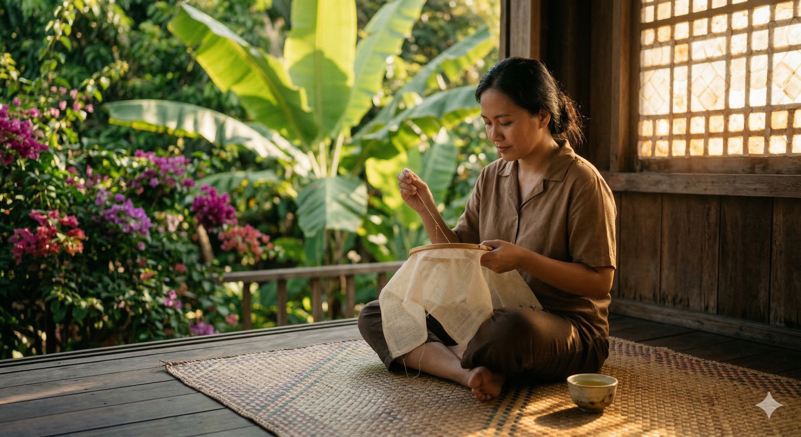 Pili meaning — a Filipino woman carefully threading fabric with quiet discernment, embodying the Tagalog art of choosing with precision and care
