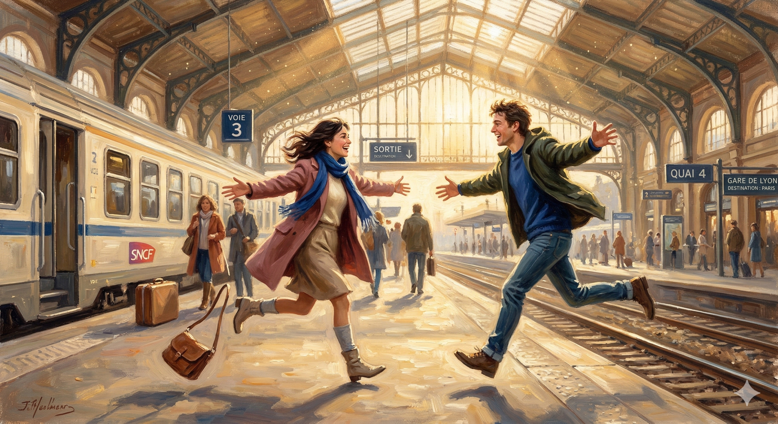 retrouvailles meaning - two figures reuniting with joy at sunlit French train station in warm impressionist painting style