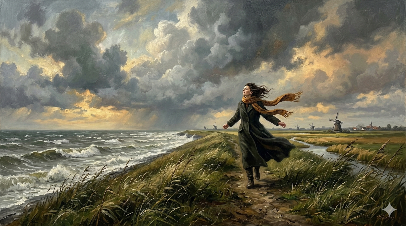 uitwaaien meaning - figure walking along windswept Dutch dike with dramatic clouds and bending grasses in moody atmospheric Dutch landscape
