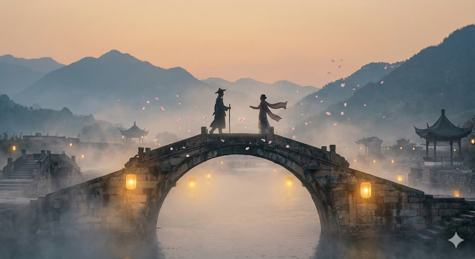 Yuánfèn meaning — two paths crossing on a misty Chinese bridge, evoking the fateful connection described by this untranslatable Chinese word